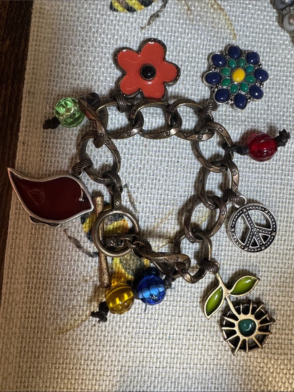 Vintage Lucky Brand Chunky Charm Bracelet, Y2K Boho Enamel Flower & Peace
